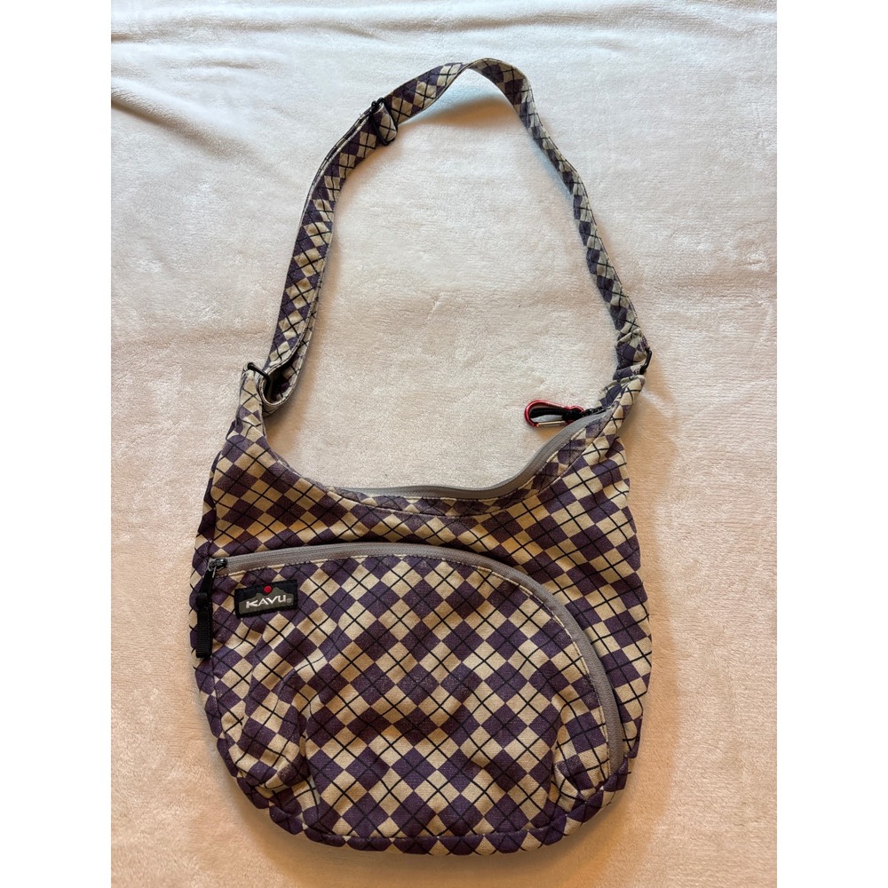 KAVU Keep It Simple Canvas Crossbody Bag Purple Tan Argyle Diamond Print